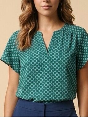 Banana Republic Teal Dot Split-Neck Blouse